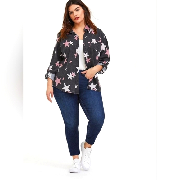 Torrid Taylor relaxed fit rayon twill button up shirt star design long sleeve 5X - Picture 1 of 15